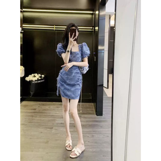 Đầm nhún eo KYE vải gấm hoa Sandy dress màu xanh