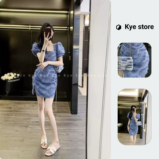 Đầm nhún eo KYE vải gấm hoa Sandy dress màu xanh