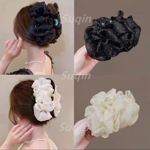 Kẹp Tóc Lưới Nơ Voan Size To Cỡ Lớn Đính Đá Kim Sa Lấp Lánh Dành Cho Nữ