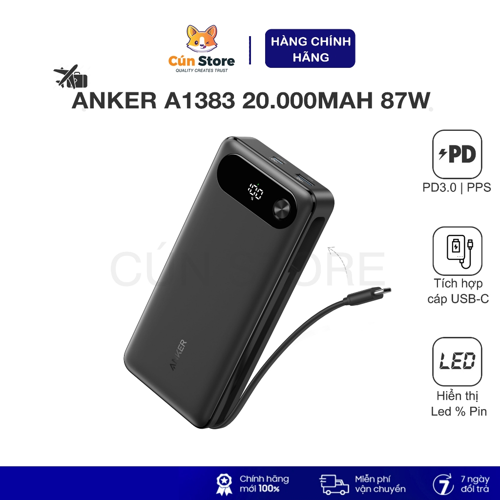 Pin sạc dự phòng Anker 20000mah 87W - A1383 tích hợp cáp sạc cho Laptop ...
