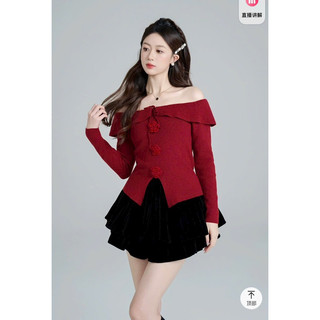 Áo len trễ vai bèo xẻ vạt khuy đính hoa nổi len dài tay thu đông Style y2k mã 775