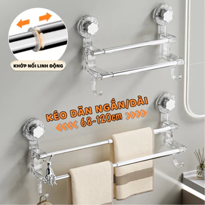 Giá Treo Khăn Mặt Nhà Tắm 2 Tầng Chỉnh Kéo Ngắn Dài Cốc Hút Chân Không, Thanh Treo Dép, Phơi Đồ