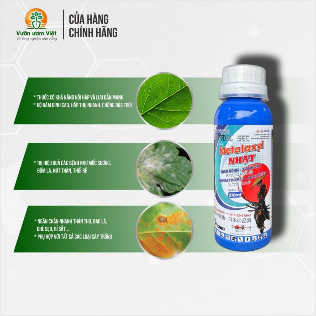 Thuốc trừ bệnh Metalaxyl Nhật 250EC trị nứt thân, xì mủ, mốc sương, đốm lá, thối rễ, ghẻ sẹo - 210ml