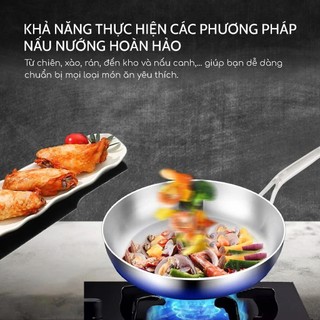 Chảo chống dính tự thân, chảo inox 304 sáng bóng, nguyên khối 304 5 lớp sâu lòng dùng cho mọi loại bếp đa - Bếp của Hà