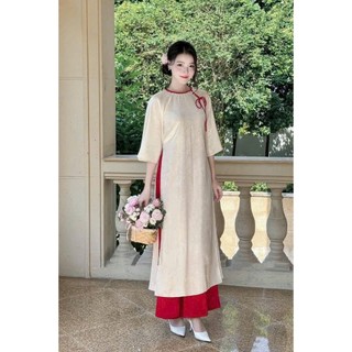 Set bộ ÁO DÀI áo gấm cổ tròn viền đỏ mix nút bọc chéo cột dây tay lỡ chéo tà phối  quần tuyết nhung siêu đẹp