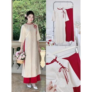 Set bộ ÁO DÀI áo gấm cổ tròn viền đỏ mix nút bọc chéo cột dây tay lỡ chéo tà phối  quần tuyết nhung siêu đẹp