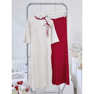 Set bộ ÁO DÀI áo gấm cổ tròn viền đỏ mix nút bọc chéo cột dây tay lỡ chéo tà phối  quần tuyết nhung siêu đẹp