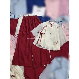 Sét bộ áo tơ thêu HOA kiểu tàu viền đỏ tay lỡ cột dây phối quần đủi ống rộng mẫu hot mặc du xuân cực xinh