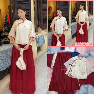 Sét bộ áo tơ thêu HOA kiểu tàu viền đỏ tay lỡ cột dây phối quần đủi ống rộng mẫu hot mặc du xuân cực xinh