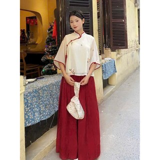 Sét bộ áo tơ thêu HOA kiểu tàu viền đỏ tay lỡ cột dây phối quần đủi ống rộng mẫu hot mặc du xuân cực xinh