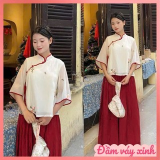 Sét bộ áo tơ thêu HOA kiểu tàu viền đỏ tay lỡ cột dây phối quần đủi ống rộng mẫu hot mặc du xuân cực xinh