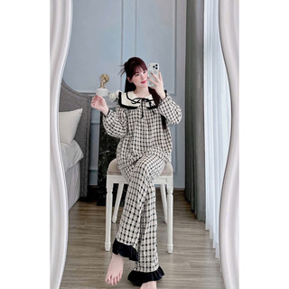 SET ĐŨI MẶC NHÀ TIỂU THƯ KẺ CARO CỔ BÈO DÀI TAY-Đ02