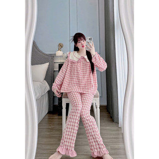 SET ĐŨI MẶC NHÀ TIỂU THƯ KẺ CARO CỔ BÈO DÀI TAY-Đ02