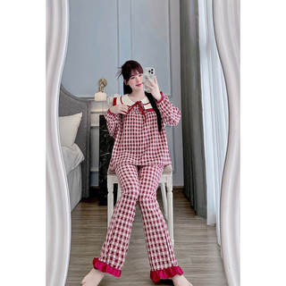 SET ĐŨI MẶC NHÀ TIỂU THƯ KẺ CARO CỔ BÈO DÀI TAY-Đ02