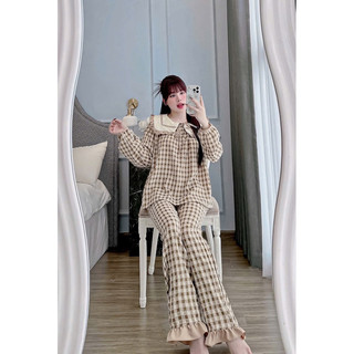 SET ĐŨI MẶC NHÀ TIỂU THƯ KẺ CARO CỔ BÈO DÀI TAY-Đ02