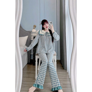 SET ĐŨI MẶC NHÀ TIỂU THƯ KẺ CARO CỔ BÈO DÀI TAY-Đ02