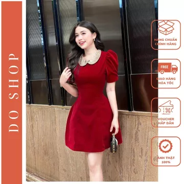 Đầm nhung thiết kế tay bồng, đầm đỏ thiết kế dự tiệc sang chảnh mã N1_ Doshop