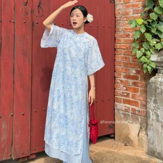 Áo dài voan tơ khảm hoa DI GIAI tay phối loe đính cúc bọc kèm quần satin HAVANA AD149