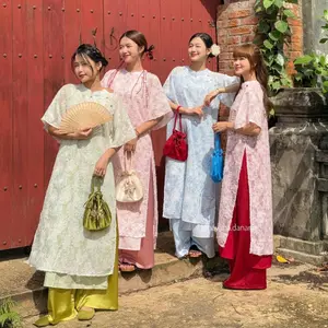 Áo dài voan tơ khảm hoa DI GIAI tay phối loe đính cúc bọc kèm quần satin HAVANA AD149