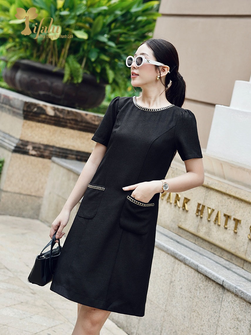 Ảnh Đầm suông A bigsize cao cấp TIFALU  Zol325BLK màu đen viền da thanh lịch 1