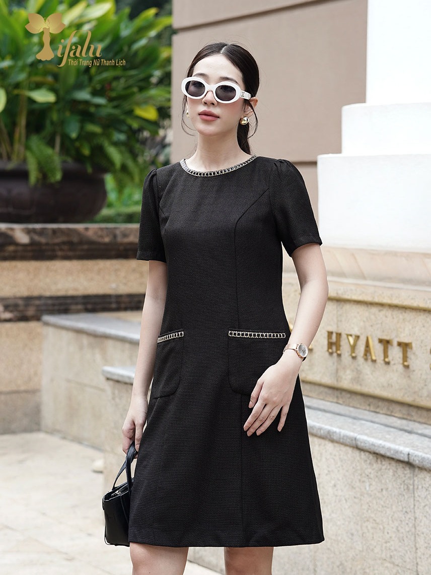 Ảnh Đầm suông A bigsize cao cấp TIFALU  Zol325BLK màu đen viền da thanh lịch 2