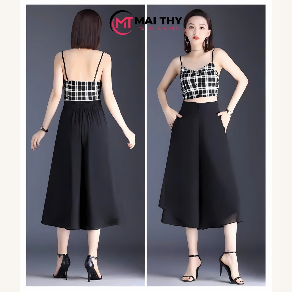 Ảnh Quần Váy Ống Rộng MAI THY V301, Mẫu Quần 2 Tầng Lưng Thun Đính Nút Có Túi Xịn Sò | Thời Trang Nữ U40 3