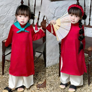 Áo dài Tết 2025 cho bé gái Lụa Ngọc Trai Cao Cấp Kèm Khăn Quàng Nổi Bật cho bé  1-7 tuổi (9-27kg) - N0139