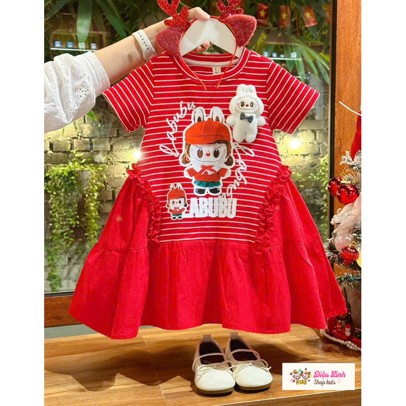 Váy bé gái kẻ cotton dáng A in hình 3D DL52 size 8/36kg  - Váy Cho Bé Diệu Linh Shop Kids diện đi học đi chơi