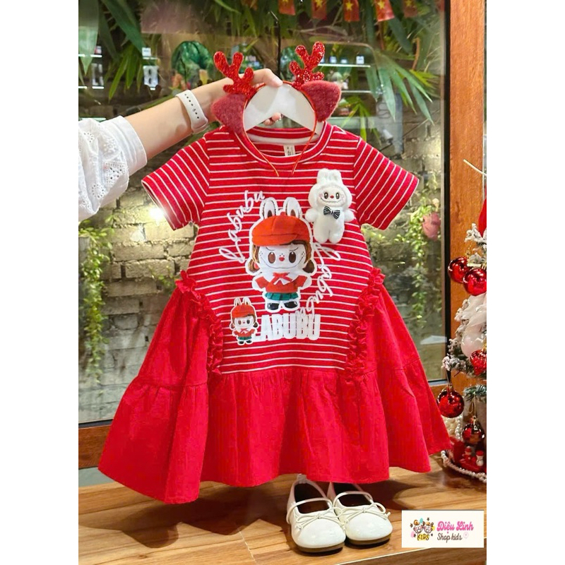 Váy bé gái kẻ cotton dáng A in hình 3D DL52 size 8/36kg  - Váy Cho Bé Diệu Linh Shop Kids diện đi học đi chơi