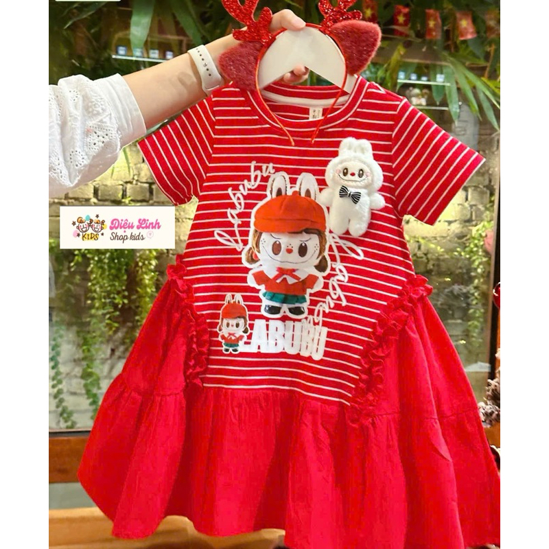 Váy bé gái kẻ cotton dáng A in hình 3D DL52 size 8/36kg  - Váy Cho Bé Diệu Linh Shop Kids diện đi học đi chơi