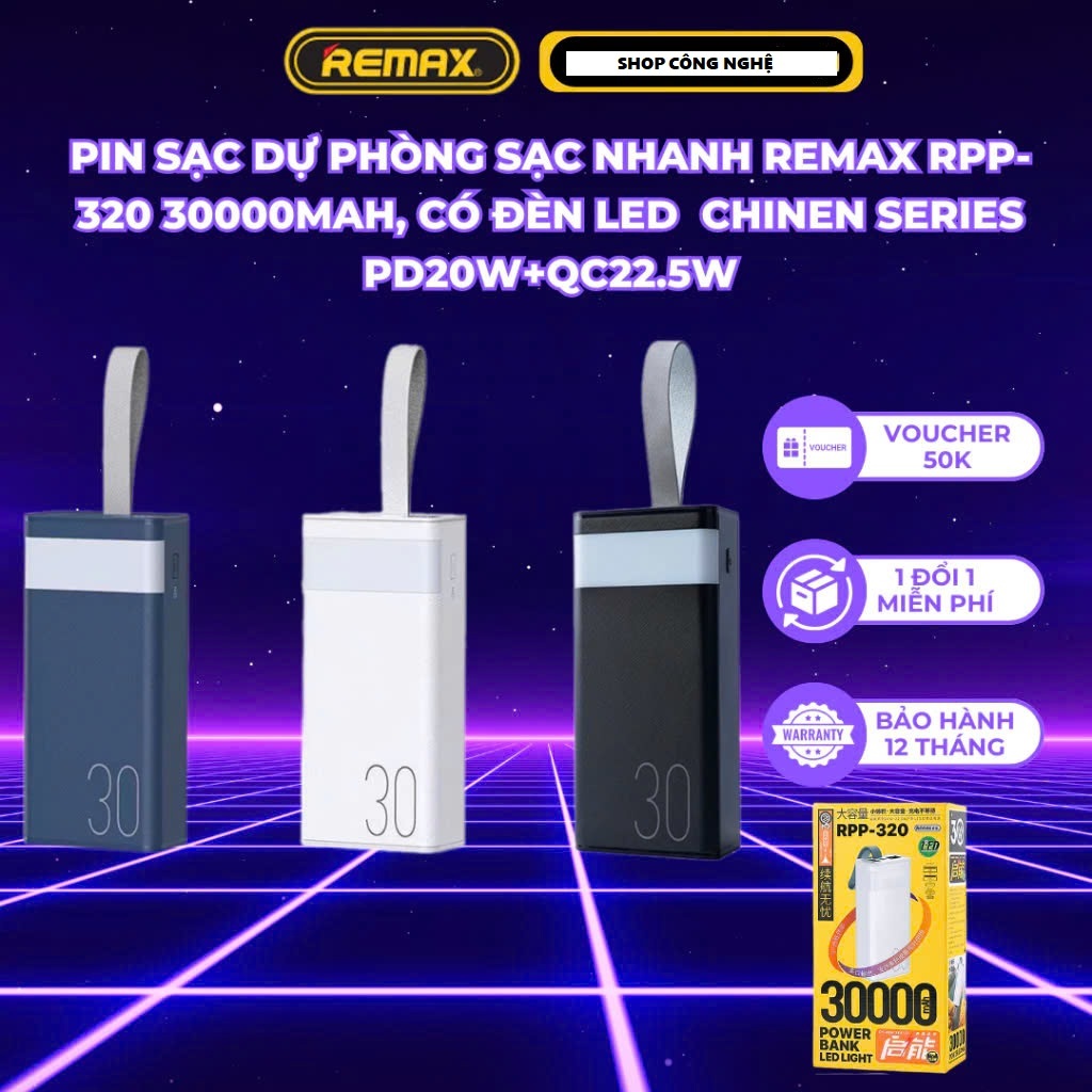Pin sạc dự phòng Remax RPP-320 dung lượng 30000mAh đèn pin chiếu sáng ...