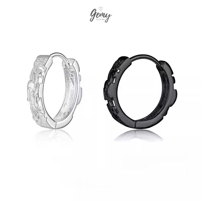 Khuyên tai nam tròn bạc 925 tì hưu 2 chạm khắc cực ngầu unisex  (1 chiếc) | GEMY SILVER KN98