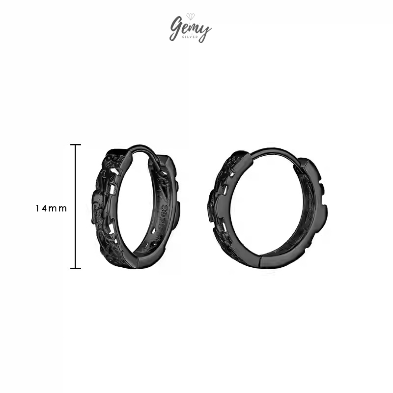Khuyên tai nam tròn bạc 925 tì hưu 2 chạm khắc cực ngầu unisex  (1 chiếc) | GEMY SILVER KN98