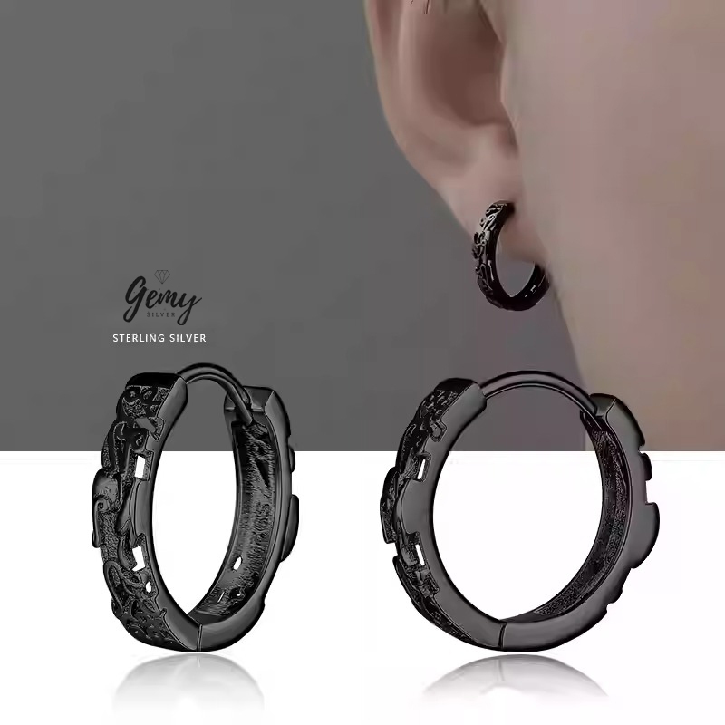 Khuyên tai nam tròn bạc 925 tì hưu 2 chạm khắc cực ngầu unisex  (1 chiếc) | GEMY SILVER KN98