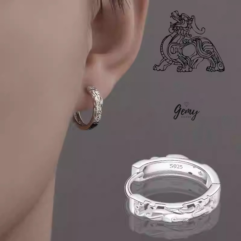 Khuyên tai nam tròn bạc 925 tì hưu 2 chạm khắc cực ngầu unisex  (1 chiếc) | GEMY SILVER KN98