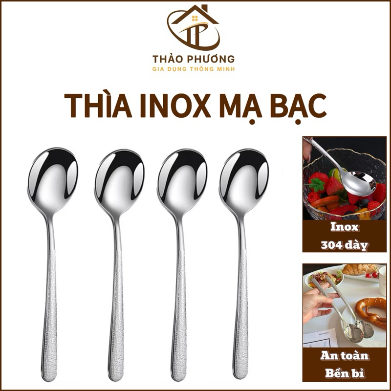 Muỗng inox ăn cơm, súp, cán dài đầu tròn màu bạc.Thìa inox sáng bóng không gỉ sang trọng, decor bàn ăn