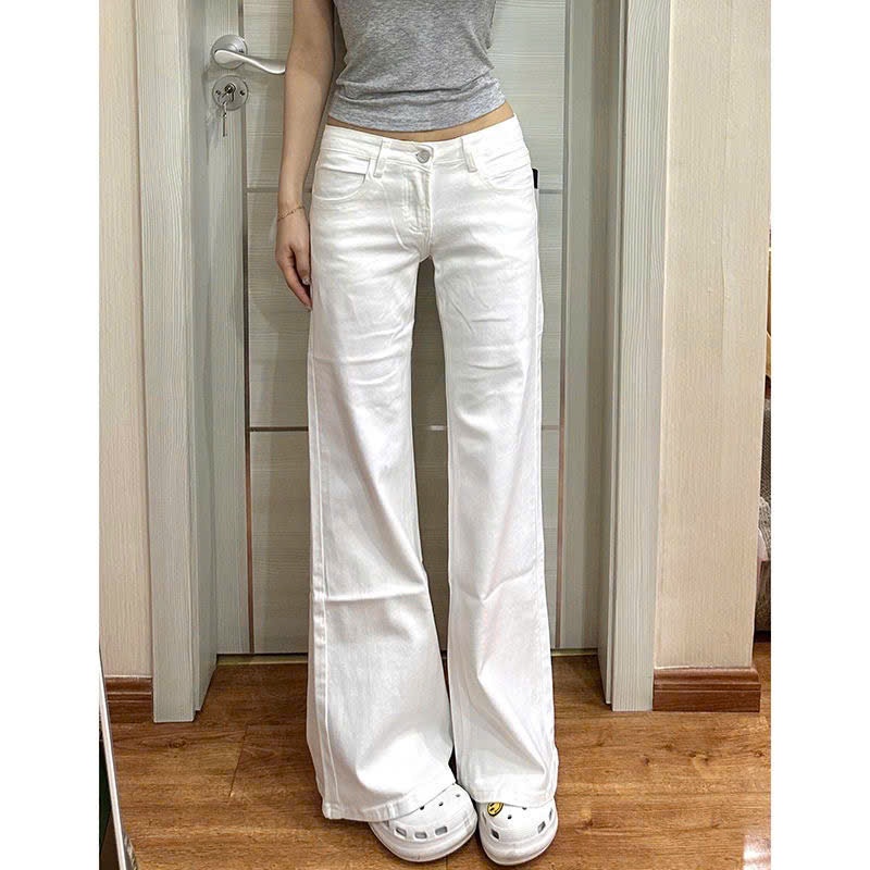 (sẵn)Quần jean kaki cạp trễ thấp màu trắng trơn ống suông rộng dáng dài phong cách cơ bản QJCT005 -Tiktik