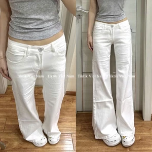 Quần jean kaki cạp trễ thấp màu trắng trơn ống suông rộng dáng dài phong cách cơ bản QJCT005 -Tiktik