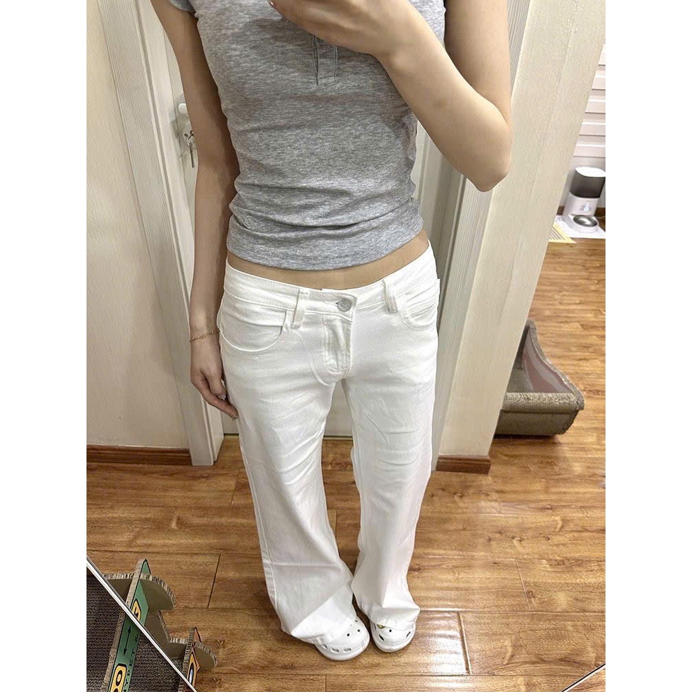 (sẵn)Quần jean kaki cạp trễ thấp màu trắng trơn ống suông rộng dáng dài phong cách cơ bản QJCT005 -Tiktik