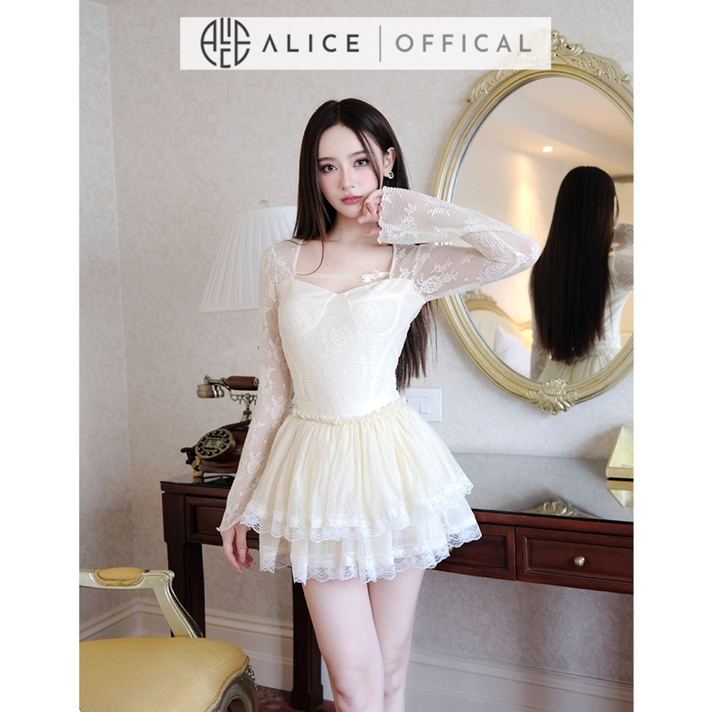 Set Váy Nữ Ren Cao Cấp Alice Áo Dài Tay Chất Ren Có Lót Dáng Tay Xòe Phối Chân Váy Tơ Ren Nhiều Tầng S715