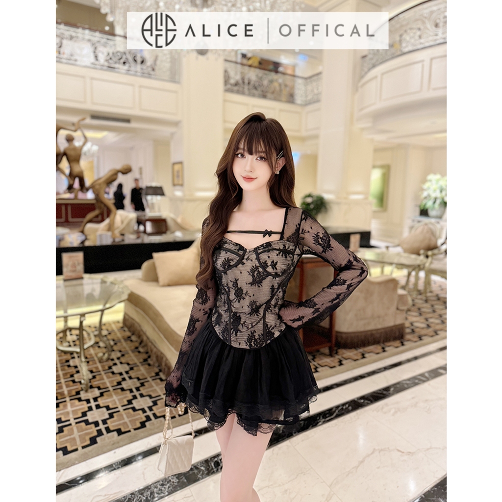 Set Váy Nữ Ren Cao Cấp Alice Áo Dài Tay Chất Ren Có Lót Dáng Tay Xòe Phối Chân Váy Tơ Ren Nhiều Tầng S715