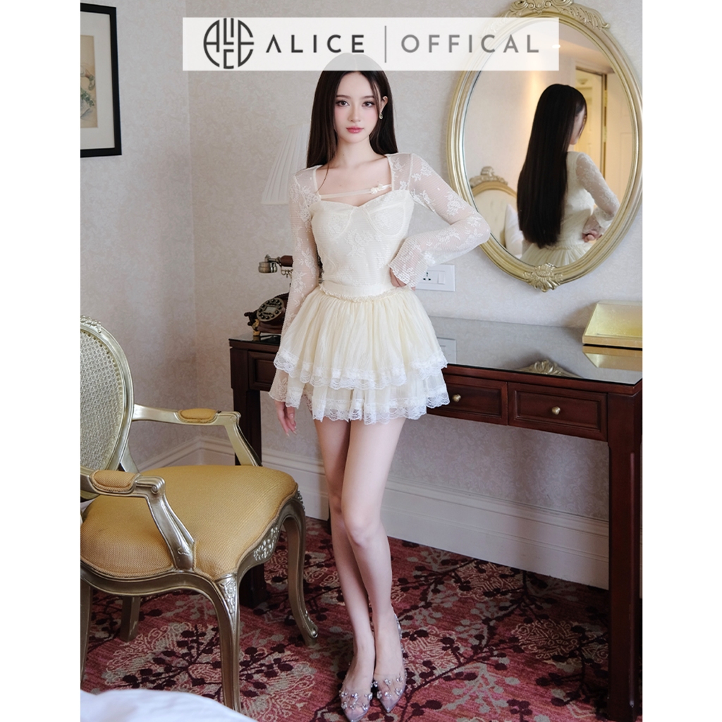 Set Váy Nữ Ren Cao Cấp Alice Áo Dài Tay Chất Ren Có Lót Dáng Tay Xòe Phối Chân Váy Tơ Ren Nhiều Tầng S715