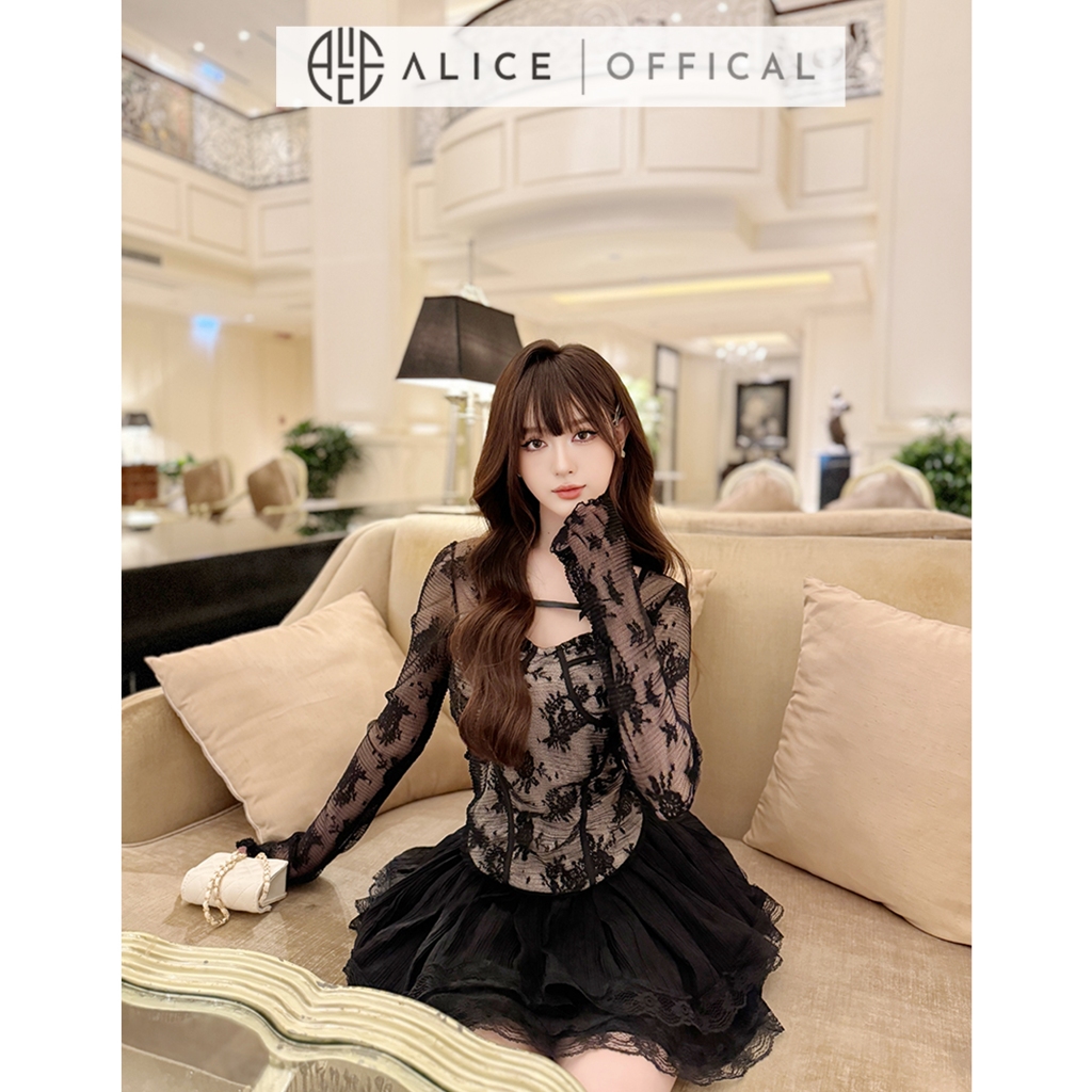 Set Váy Nữ Ren Cao Cấp Alice Áo Dài Tay Chất Ren Có Lót Dáng Tay Xòe Phối Chân Váy Tơ Ren Nhiều Tầng S715