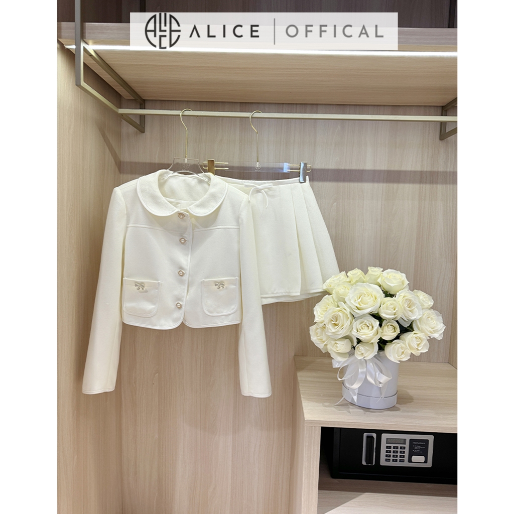 Set Váy Dạ Nữ Cao Cấp Alice Áo Dáng Ngắn Dài Tay Cổ Sen Có Túi Phối Chân Váy Xếp Ly Cạp Cao S768