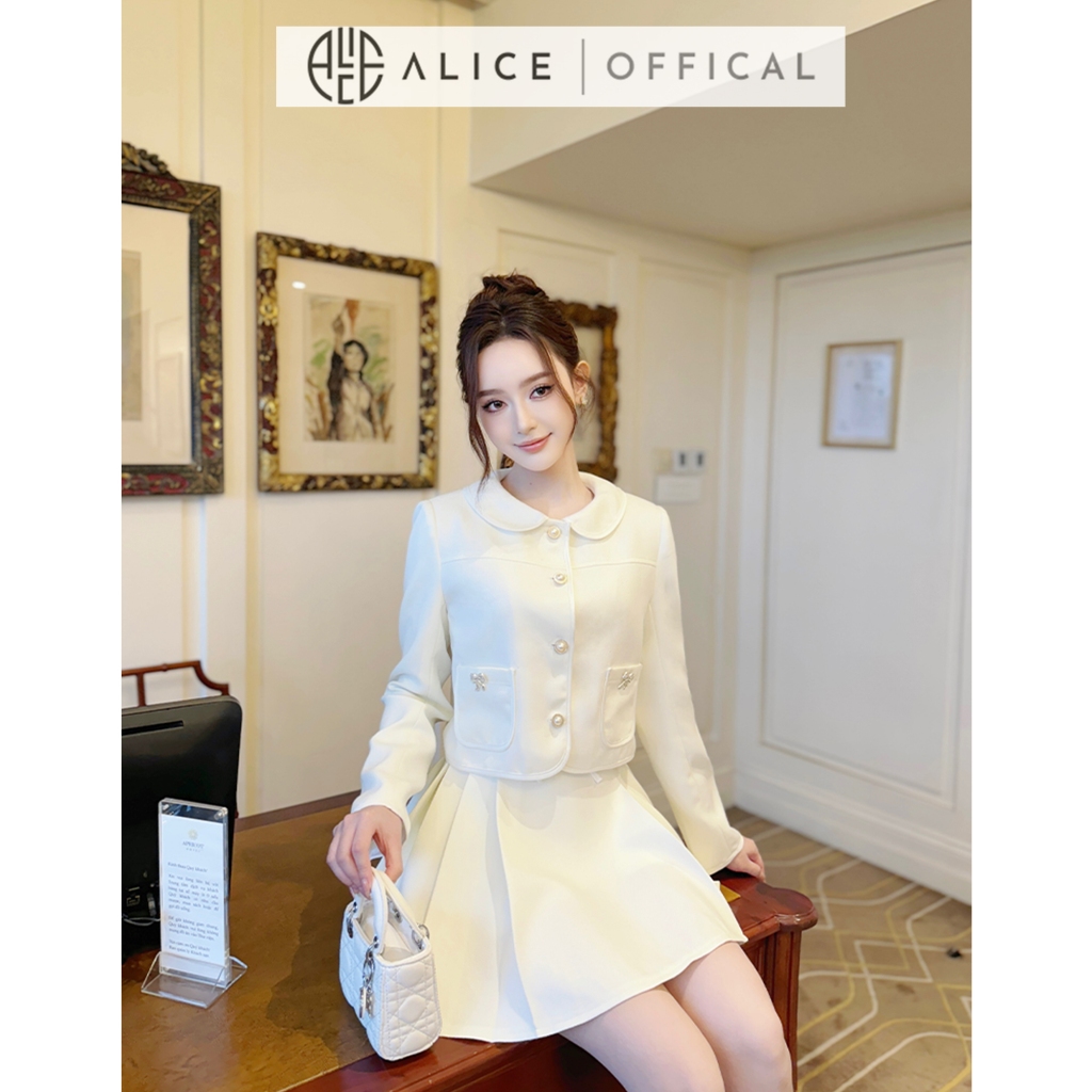 Set Váy Dạ Nữ Cao Cấp Alice Áo Dáng Ngắn Dài Tay Cổ Sen Có Túi Phối Chân Váy Xếp Ly Cạp Cao S768