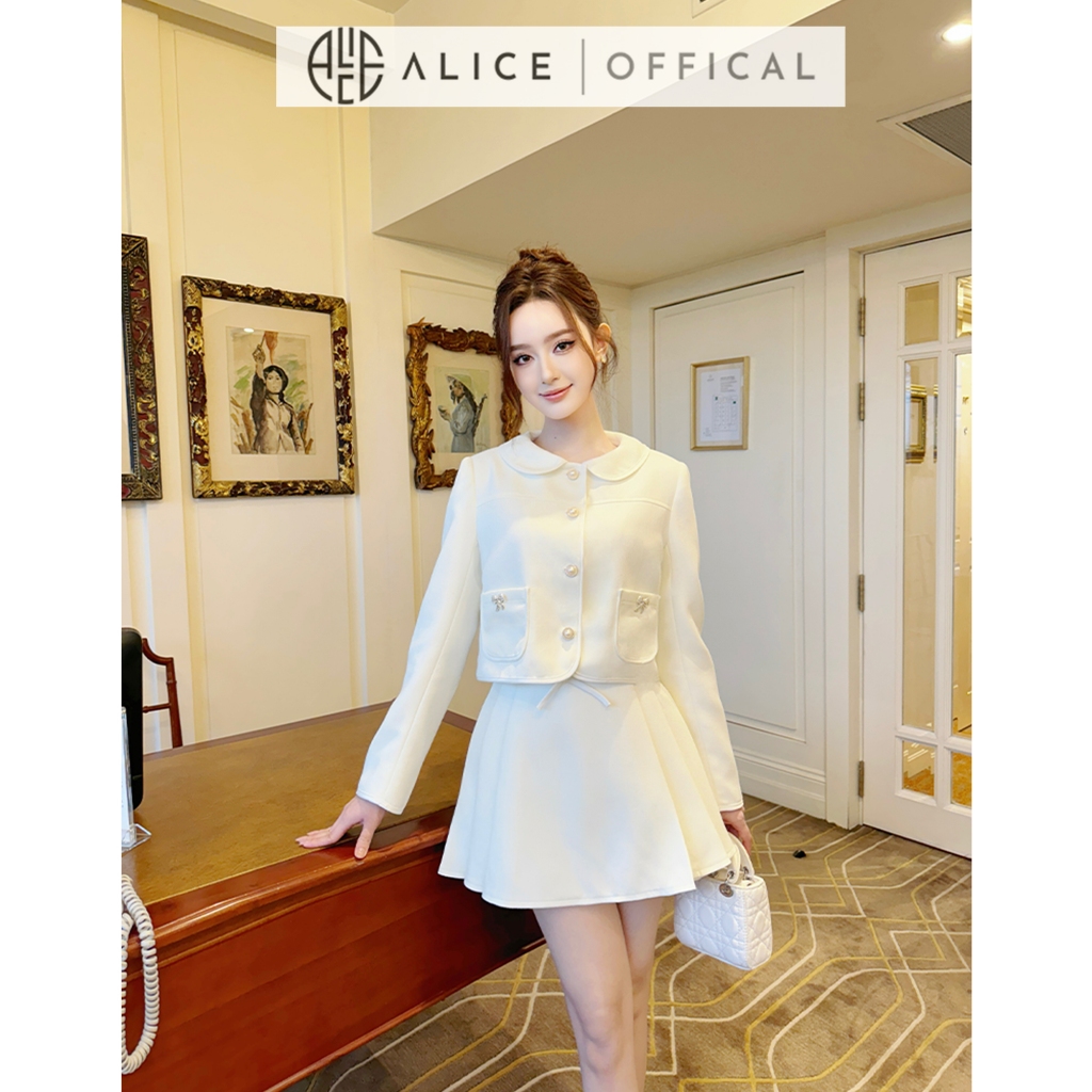 Set Váy Dạ Nữ Cao Cấp Alice Áo Dáng Ngắn Dài Tay Cổ Sen Có Túi Phối Chân Váy Xếp Ly Cạp Cao S768