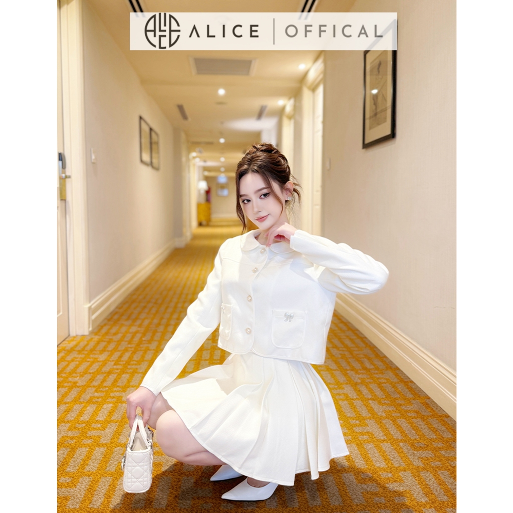 Set Váy Dạ Nữ Cao Cấp Alice Áo Dáng Ngắn Dài Tay Cổ Sen Có Túi Phối Chân Váy Xếp Ly Cạp Cao S768