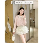Set Váy Tiểu Thư Cao Cấp Alice Áo Dáng Ngắn Chất Dạ Kim Sa Cổ Hoa Thêu Đính Nơ Phối Chân Váy Xếp Ly Tơ Óng 3 Tầng S774 — ảnh 1