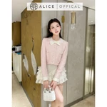 Set Váy Tiểu Thư Cao Cấp Alice Áo Dáng Ngắn Chất Dạ Kim Sa Cổ Hoa Thêu Đính Nơ Phối Chân Váy Xếp Ly Tơ Óng 3 Tầng S774 — ảnh 2