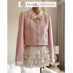 Set Váy Tiểu Thư Cao Cấp Alice Áo Dáng Ngắn Chất Dạ Kim Sa Cổ Hoa Thêu Đính Nơ Phối Chân Váy Xếp Ly Tơ Óng 3 Tầng S774 — ảnh 7